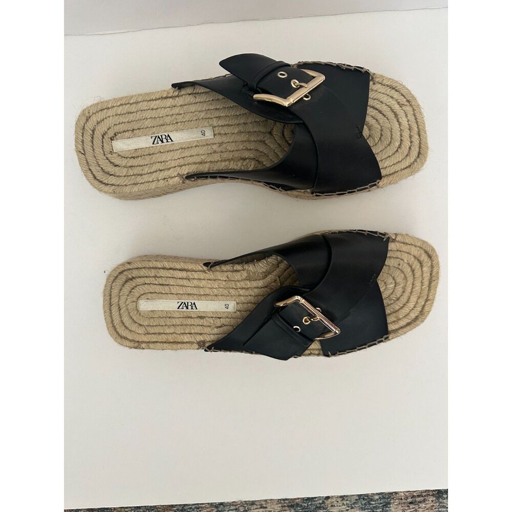 ZARA Faux Leather Black Jute Flatforms Platforms Espadrille Sandals Women's 9.5 - Picture 3 of 6